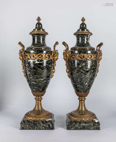 Pair Tall French Louis XVI Style Gilt Bronze Marble Vases