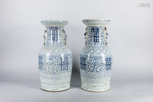 Pair Tall 19th Chinese Antique Blue White Porcelain Vases