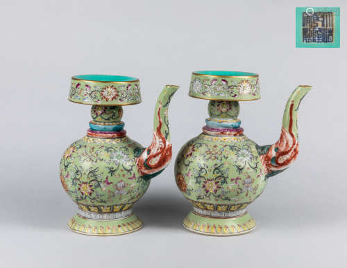 Pair Qianlong Mark Chinese Enamel Porcelain Pots,20th