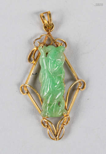Chinese Antique 14K Yellow Gold Jade Jadeite Pendant