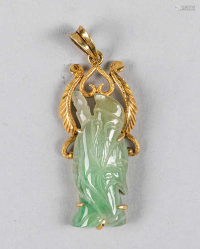 Chinese Antique 14K Yellow Gold Jade Jadeite Pendant