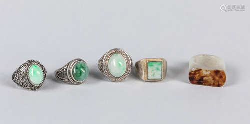 Group Of Chinese Jade/Jadeite Silver Rings