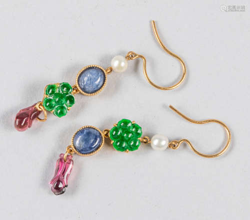 Pair of Decorated 18k Gold,Jadeite Earring