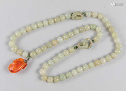 Chinese Antique White Jade Beads & Agate