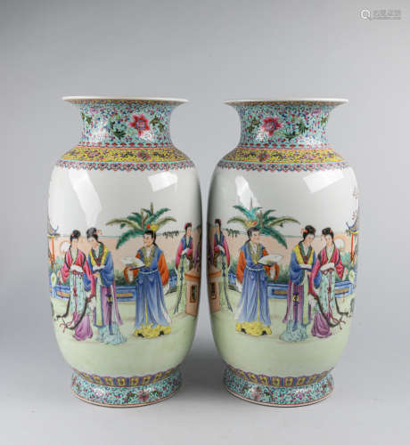 Pair of Chinese Vintage Rose Famille Porcelain Vases