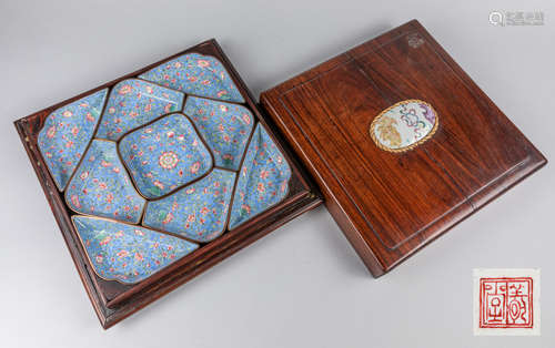 Important Chinese Enameled Flatware with Original Wood Box