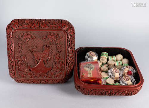 Chinese Antique Medicines & Carved Cinnabar Box
