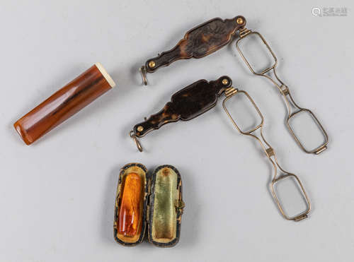 Group Of Vintage Amber Cigarette Holder/Reading Glasses