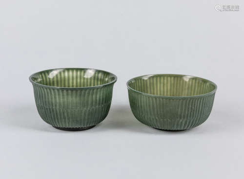 Pair Chinese Antique Spinach Green Jade Cups