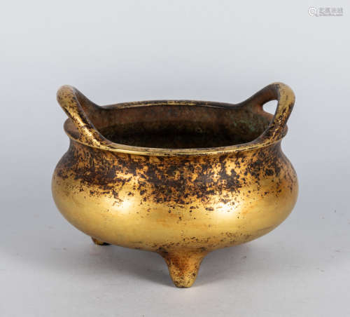 19th Chinese Antique Gilt Bronze Tripod Censer
