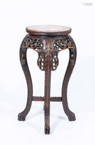 Chinese Carved Rosewood Stand With Marble Top