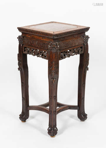 Chinese Carved Rosewood Tall Table With Marble Top