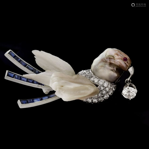 GIA Natural Baroque Pearl Bird Brooch