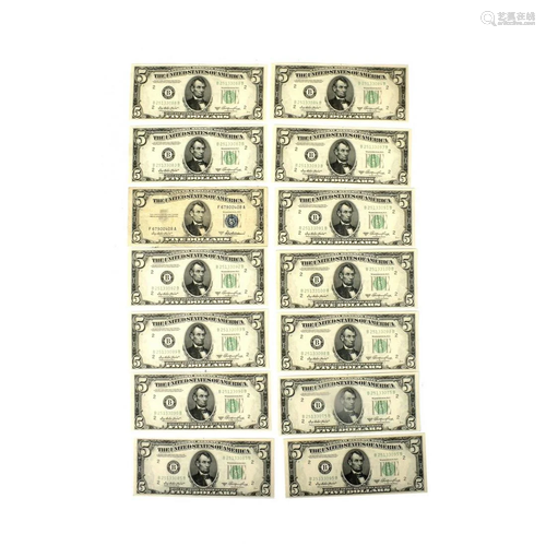 (14) US $5.00 Silver Certificates