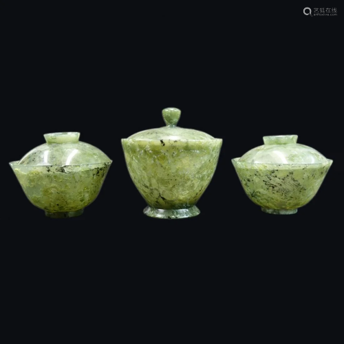 3 Chinese Jade Covered Bowls