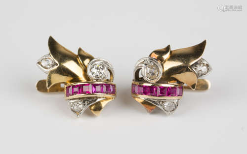 A pair of gold, ruby and diamond earrings, each in a foliate design, claw set with three circular