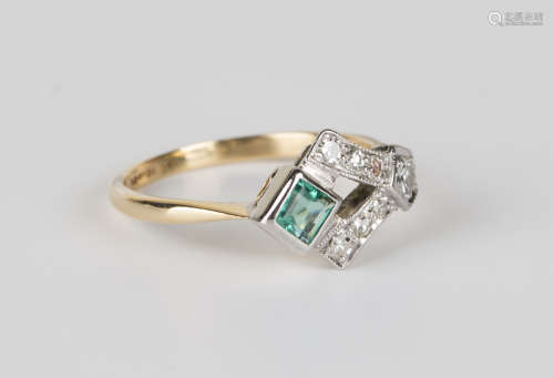 A gold, platinum, emerald and diamond ring, mounted with a square cut emerald and circular cut