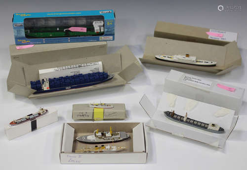 Fifteen die-cast metal waterline model ships, including tankers, bulk carriers and cruise ships,