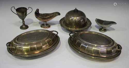 A 19th century Sheffield plate spoon warmer, height 12.5cm, another plated spoon warmer, a pair of