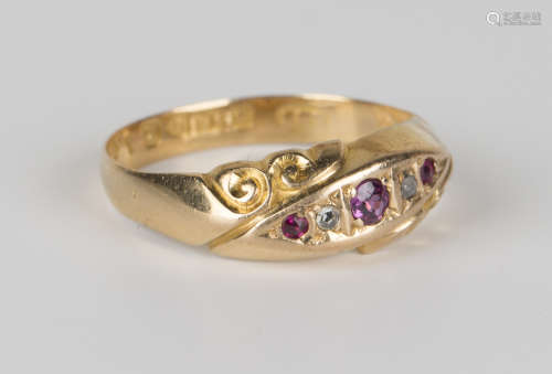 An 18ct gold, ruby, rose cut diamond and gem set ring, Chester 1911, ring size approx N1/2.Buyer’s