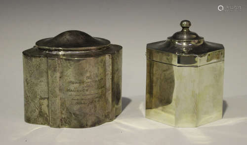 A George VI Scottish silver tea caddy of shaped oval outline with domed hinged cover, presentation