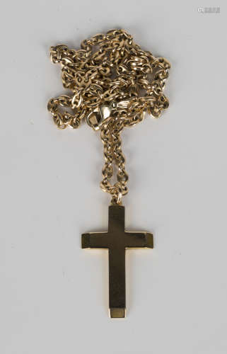 A 9ct gold plain pendant cross, Chester 1960, length 3.5cm, with a 9ct gold anchor link neckchain on