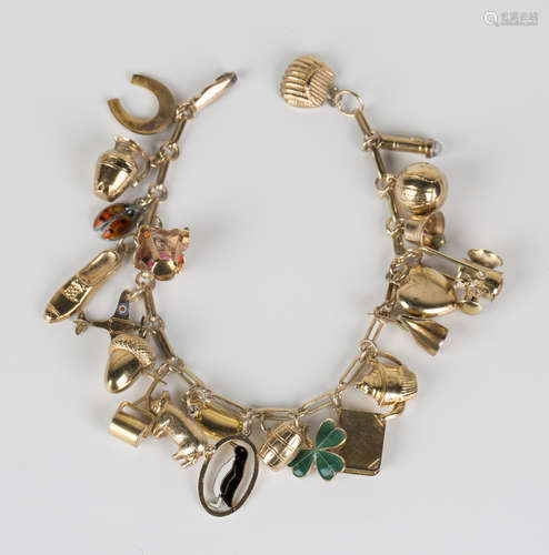 A gold bar and circular link charm bracelet, the clasp detailed '9ct', with seventeen 9ct gold