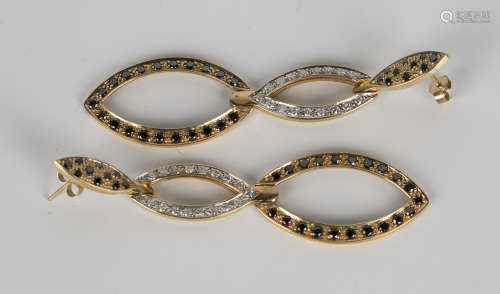 A pair of 9ct gold, black diamond and diamond pendant earrings, each of folding oval triple