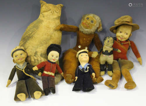 A small collection of soft toys, including four Norah Wellings dolls, comprising sailor, Canadian