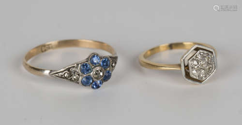 A gold, platinum and diamond seven stone hexagonal cluster ring, ring size approx G, and a pale blue