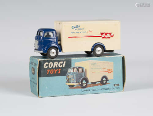 A Corgi Toys No. 453 Commer refrigerator van 'Walls', finished in blue and cream with spun hubs,