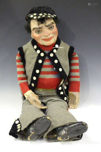 A 1930s ventriloquist's dummy (Joey) in the style of a Pearly King, the composition head with