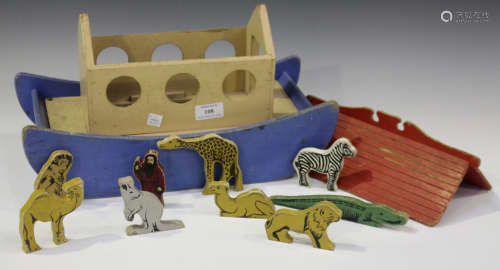 A mid/late 20th century Noah's Ark with removable roof and blue painted hull, length 41cm,