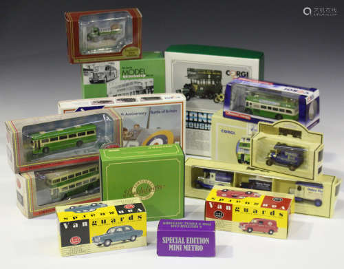 A collection of Corgi, EFE and Lledo die-cast buses, commercial vehicles and cars, mostly boxed.