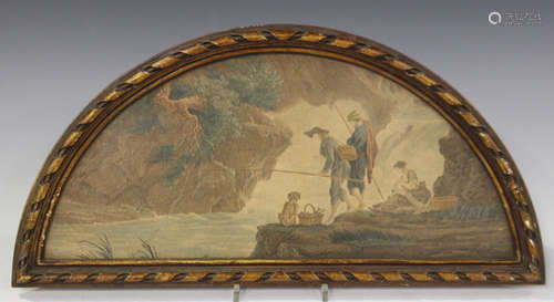 A late 19th century colour engraved fan panel depicting three figures fishing beside a waterfall,