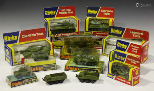 Eleven 1970s Dinky Toys army vehicles, comprising a No. 612 Commando Jeep, a No. 618 AEC Arctic