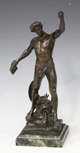 Henri Fugère - 'Triomphe du Genie', a late 19th century French brown patinated cast bronze figure of