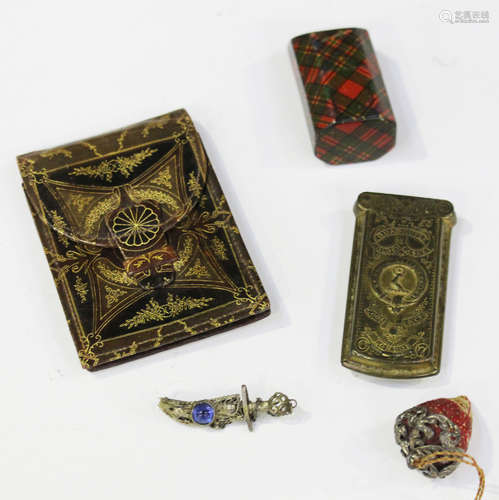 A small group of collectors' items, including a Tartan ware 'McFarlane' pattern box, height 5.7cm, a