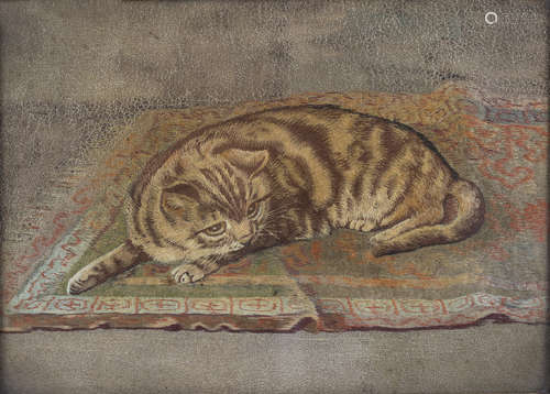 A late 19th/early 20th century silkwork panel depicting a cat lying on a rug, probably Japanese,