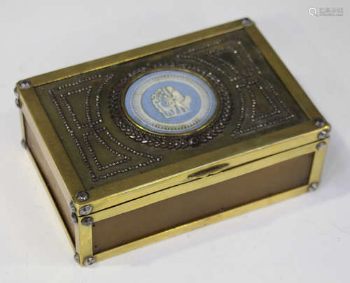 An unusual 19th century horn and brass framed rectangular box, the hinged lid inset with a blue