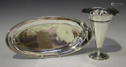 An American sterling oval dish with reeded rim, monogram engraved, by R. Wallace & Sons Mfg Co,