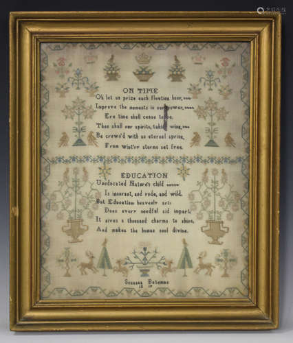 A George III needlework sampler by Suzanna Bateman, dated 1819, worked with two verses, titled 'On