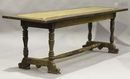 A 19th century Continental walnut narrow refectory table, the rectangular top inset with a satin