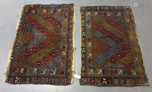 A pair of Kurdish bag faces, early 20th century, the polychrome fields with diagonal lines of hooked