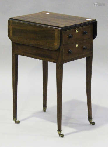 A late George III mahogany drop-flap work table, the rosewood crossbanded top above a single