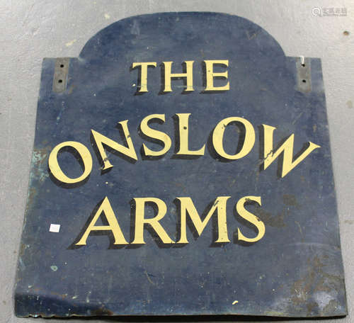 An early 20th century painted copper double-sided tavern sign, inscribed 'The Onslow Arms', 74cm x