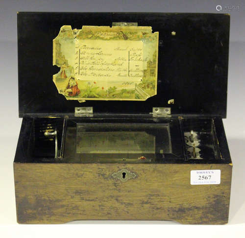 A 19th century Swiss walnut cased music box, the 9cm cylinder playing six airs with lever-wind