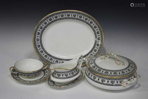 A Crown Staffordshire Black Victoria pattern part dinner service, including an oval platter, two