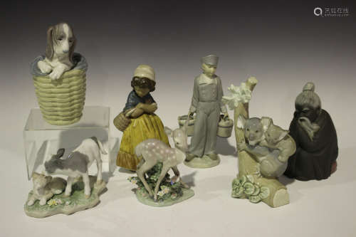 Seven Lladro figures, comprising Short Chinese, No. 2057, and Girl Waiting, No. 2093, in Gres
