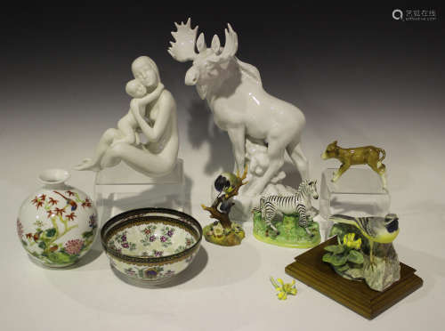 A mixed group of decorative ceramics, late 19th and 20th century, including a Russian Lomonosov